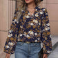 Navy Blue Floral Notched Balloon Sleeve Blouse