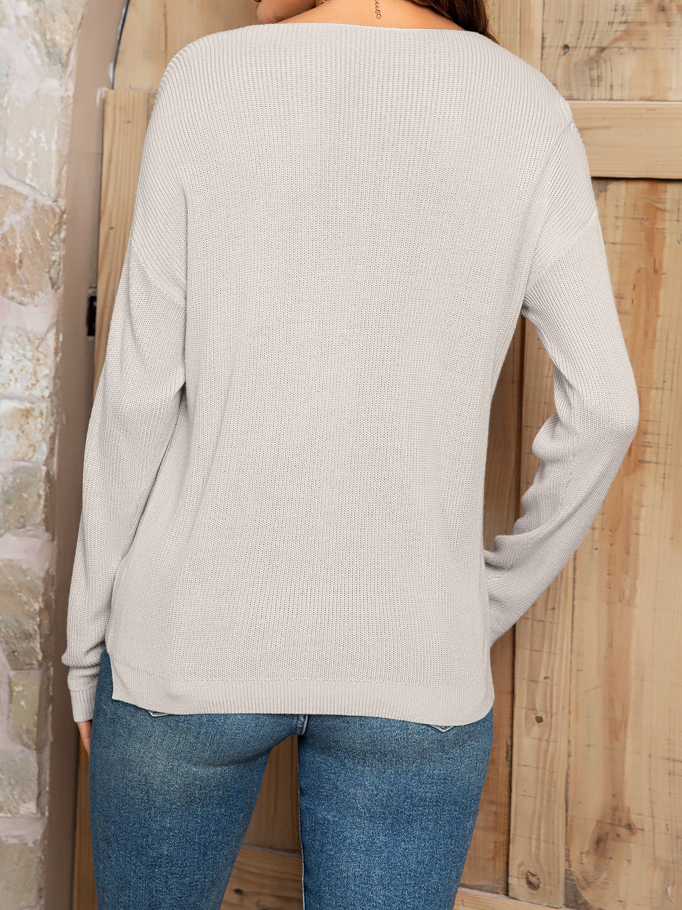 AuroraBlissX V-Neck Long Sleeve Knit Top with Pocket