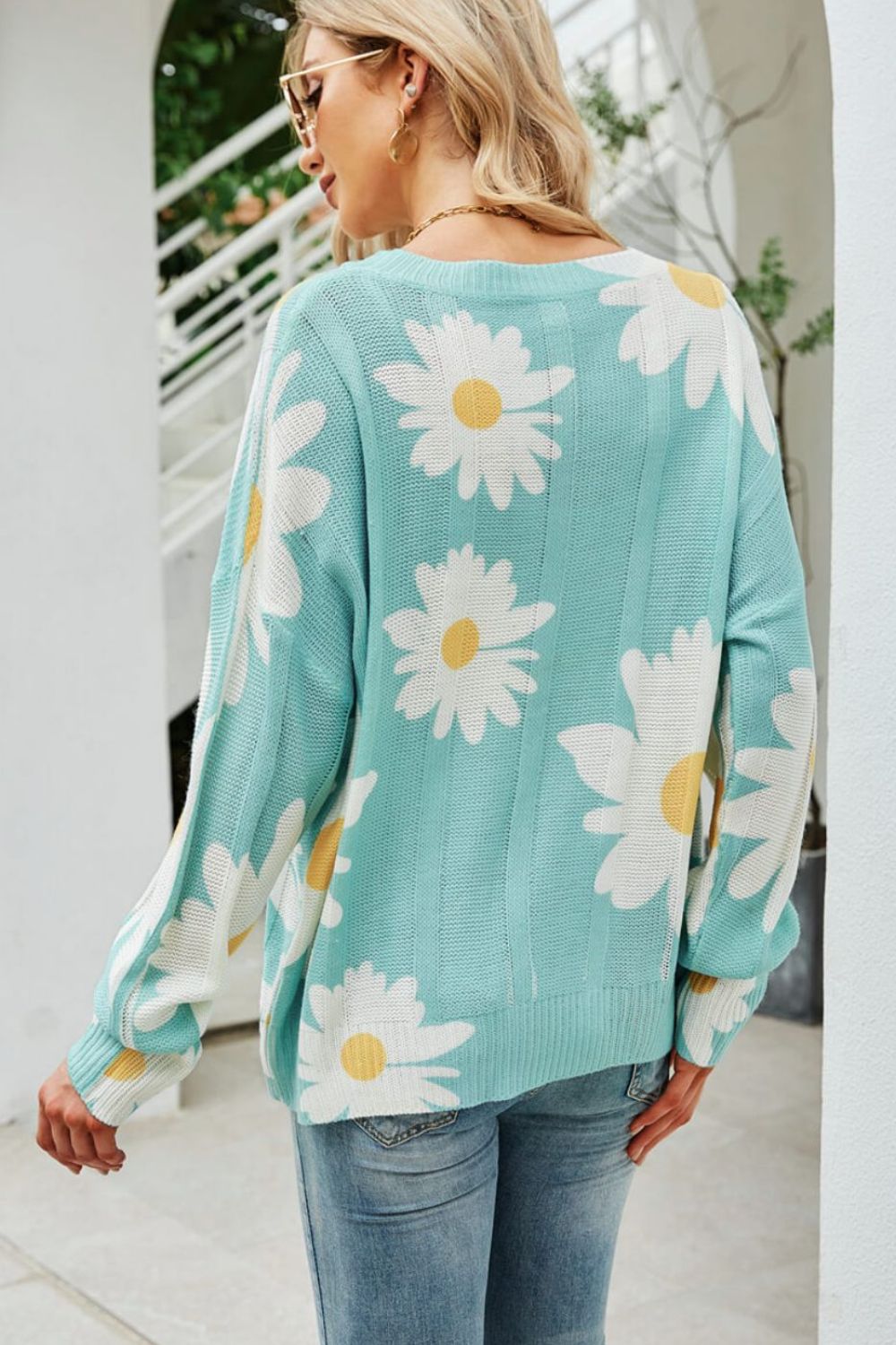 Women's Daisy Print Openwork Round Neck Sweater