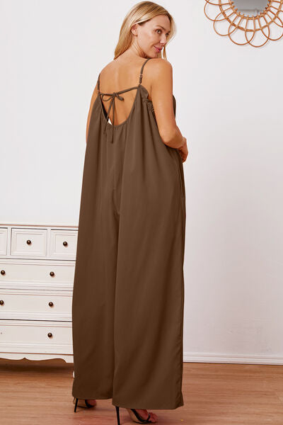 Double Take Full Size Ruffle Trim Tie Back Cami Jumpsuit with Pockets *