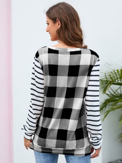 Women's HannahMea Plaid Striped Round Neck Long Sleeve T-Shirt