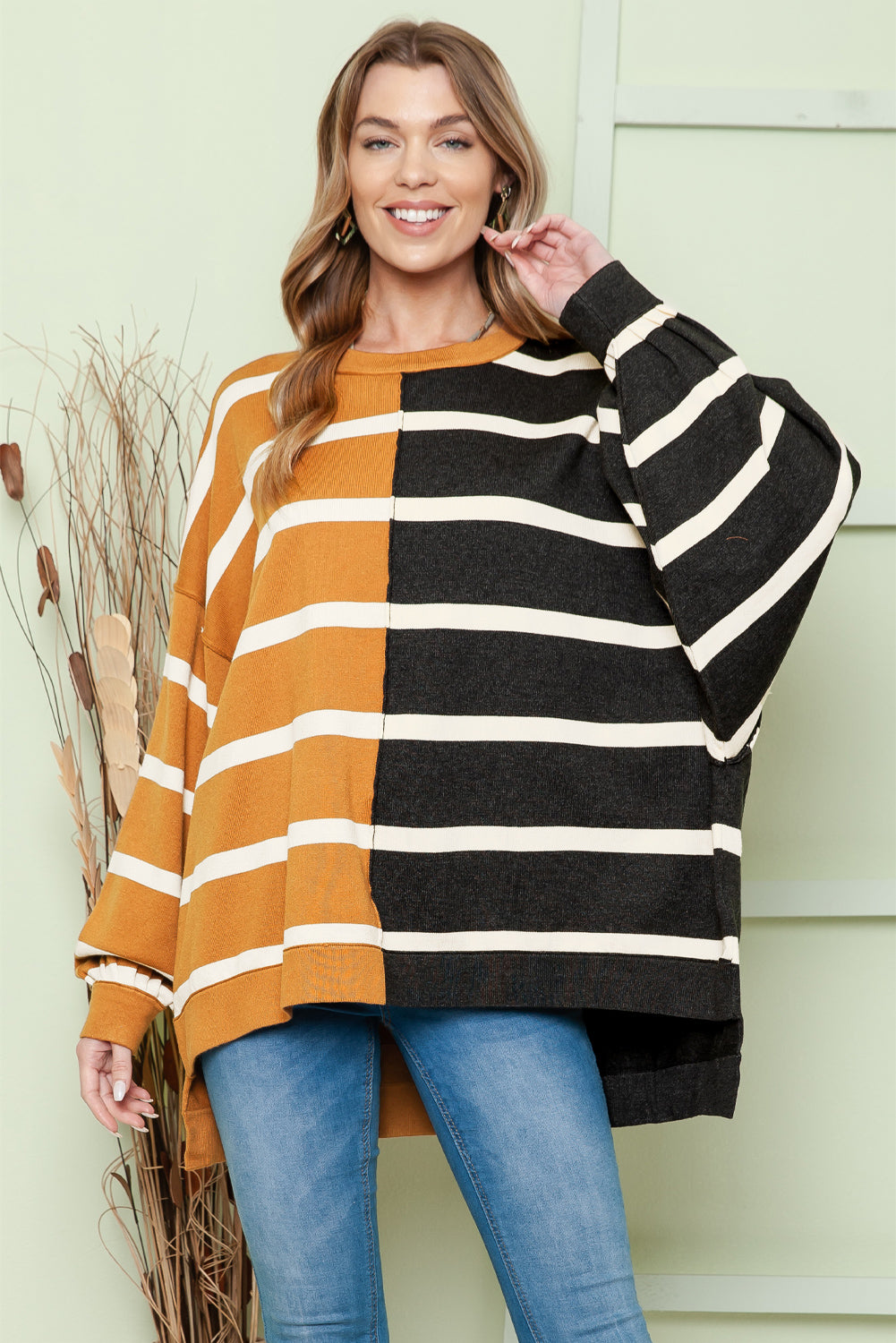 Adriana & Bae Striped Dropped Shoulder Round Neck Blouse