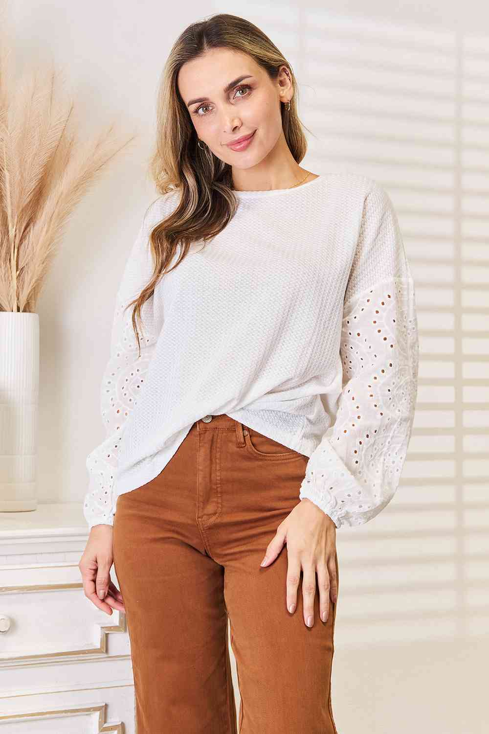 Double Take Eyelet Dropped Shoulder Round Neck Blouse *