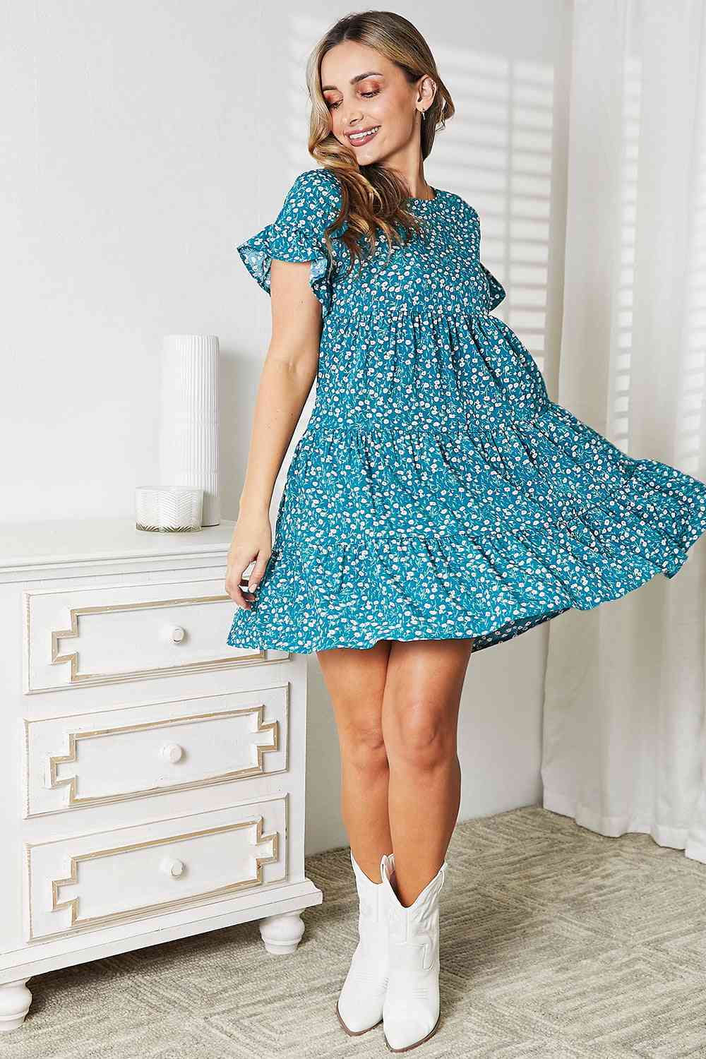 Double Take Short Flounce Sleeve Tiered Dress *