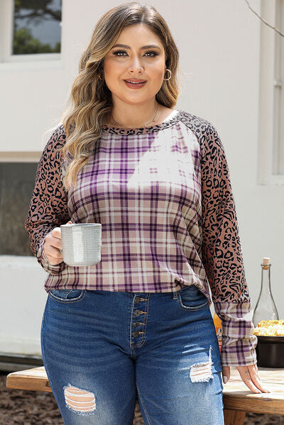 Women's Ava Plus Size Leopard Raglan Sleeve Plaid T-Shirt