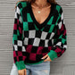 Checkered V-Neck Lantern Sleeve Sweater
