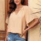 Gathered Detail Notched Neck Flutter Sleeve Top