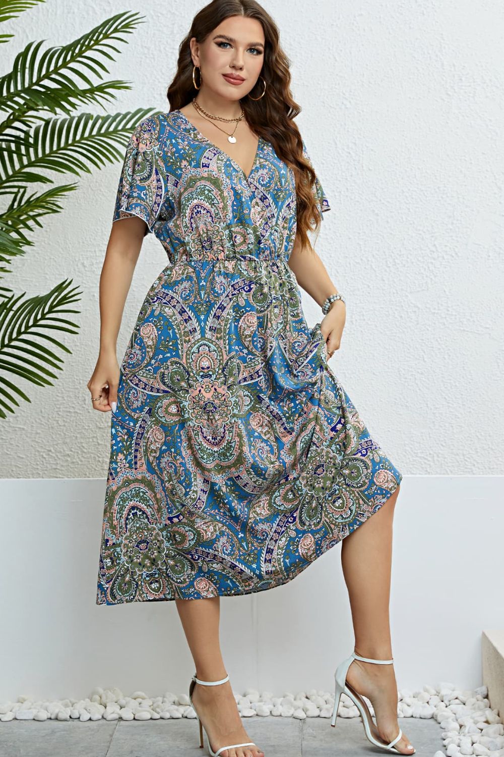 Plus Size Printed Flutter Sleeve Midi Dress