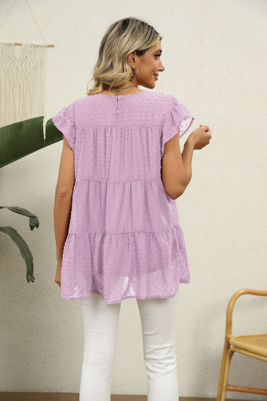 Full Size Swiss Dot Round Neck Tiered Blouse