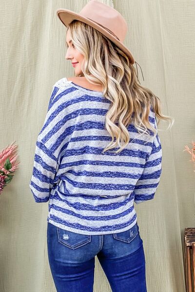 And The Why Striped Lace Detail V Neck Top *