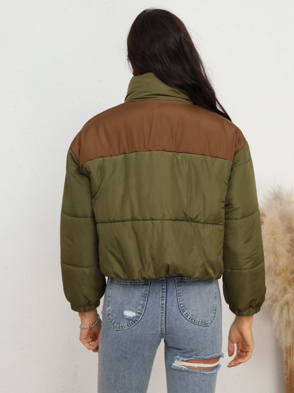 Full Size Two-Tone Zip-Up Puffer Jacket