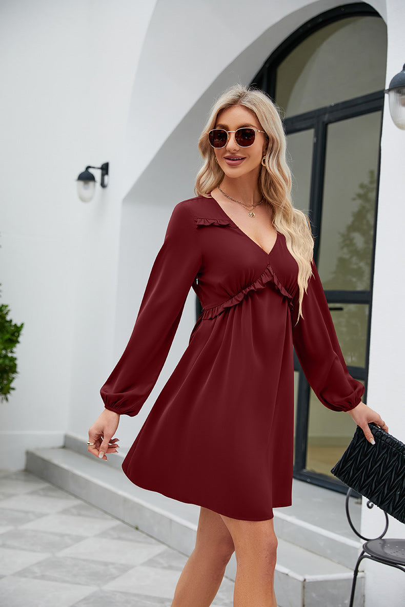 SO YOU Full Size Frill Trim V-Neck Long Sleeve Dress