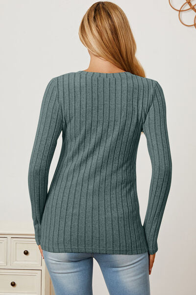 Basic Bae Full Size Ribbed V-Neck Long Sleeve T-Shirt *