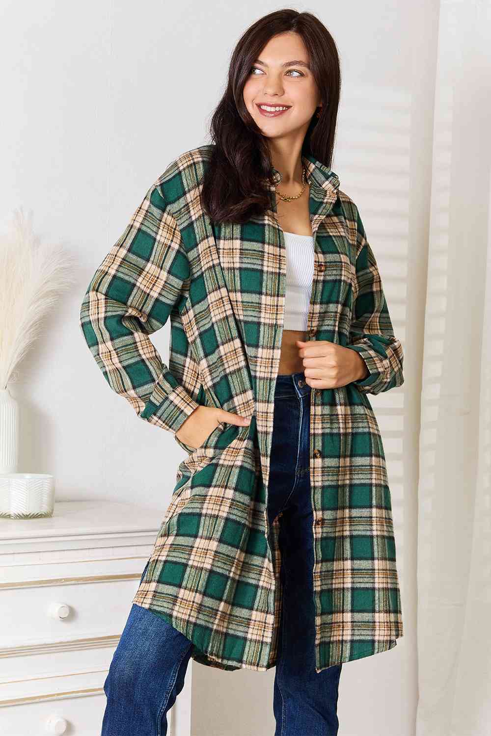 Double Take Plaid Collared Neck Long Sleeve Shirt *