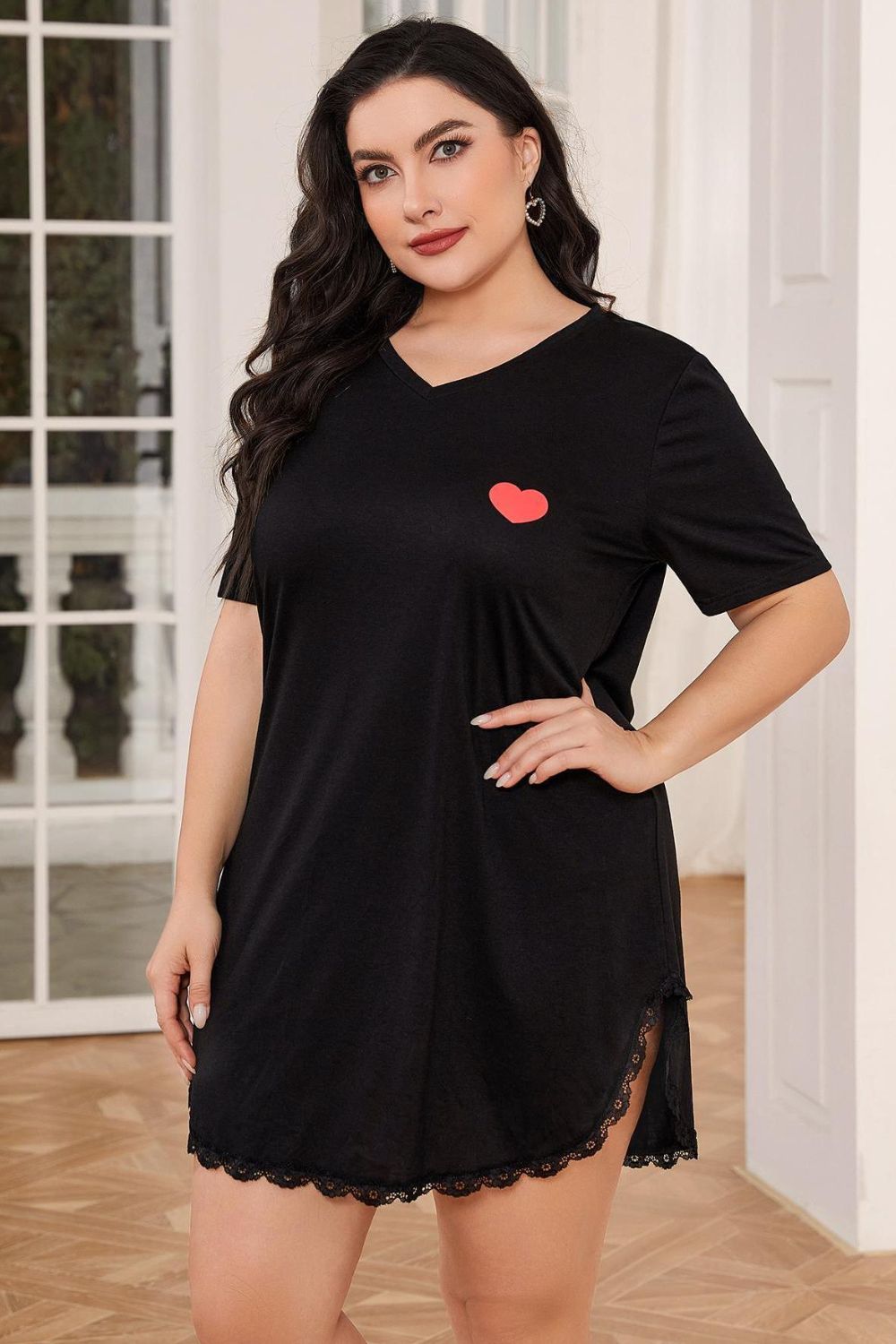 Women's Plus Size Lace Trim V-Neck Short Sleeve Night Dress