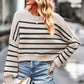 Striped Round Neck Drop Shoulder Slit Sweater