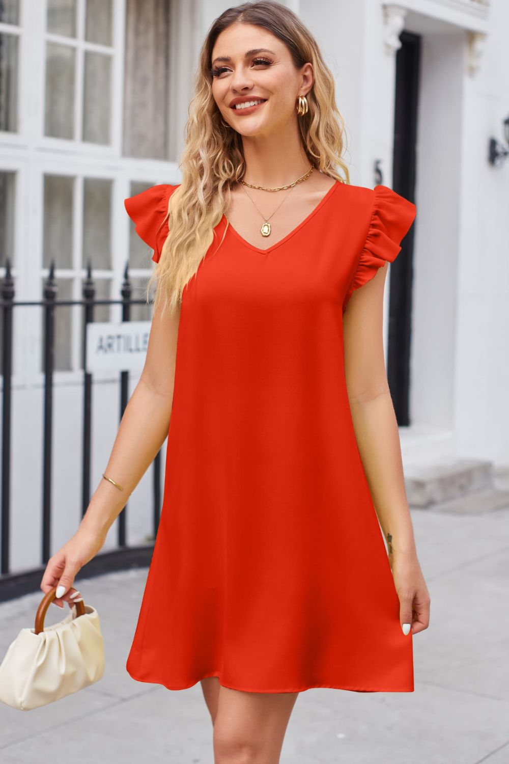 Full Size Ruffled V-Neck Flutter Sleeve Dress