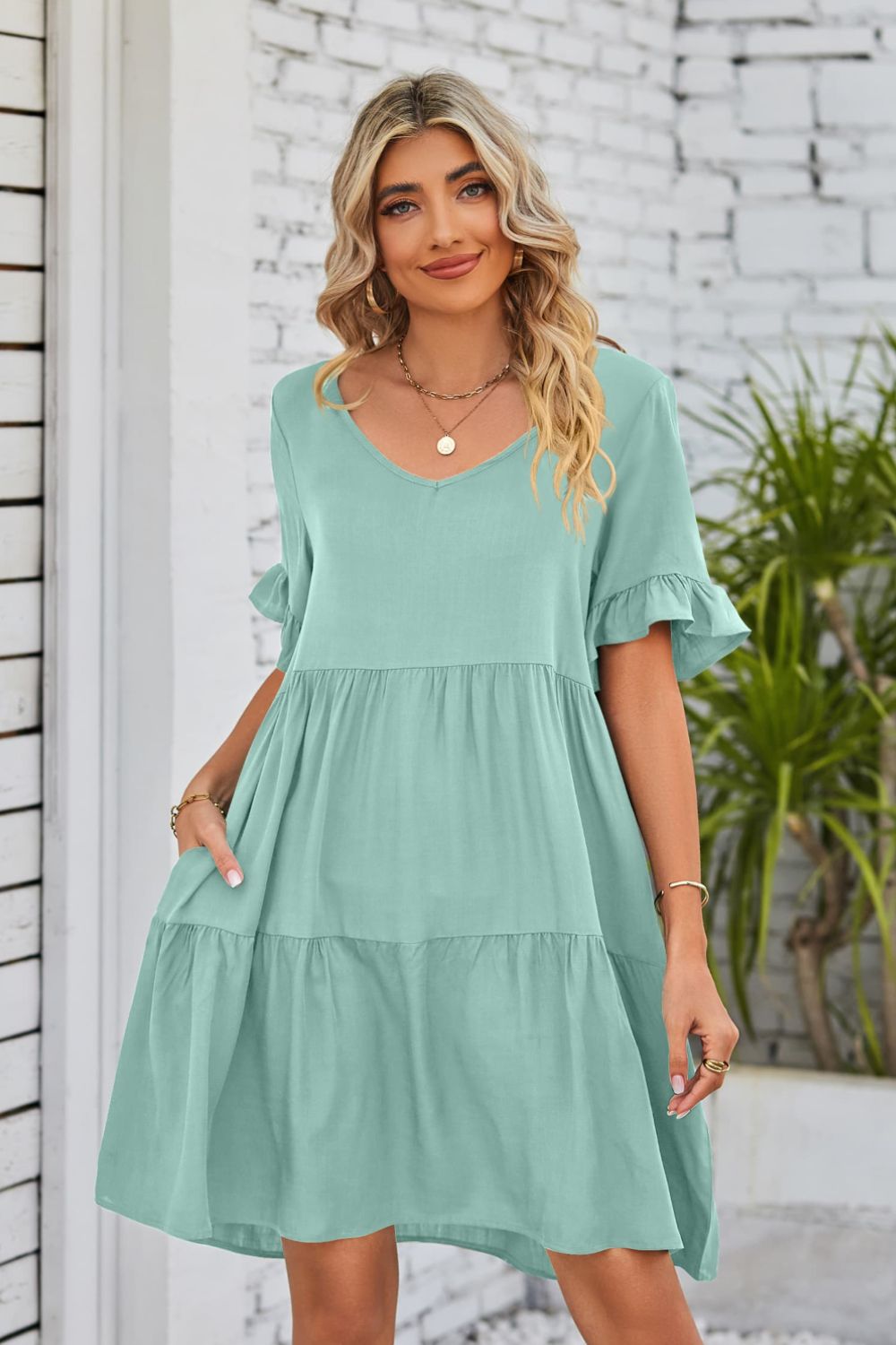 SO BOHO Full Size V-Neck Flounce Sleeve Tiered Dress