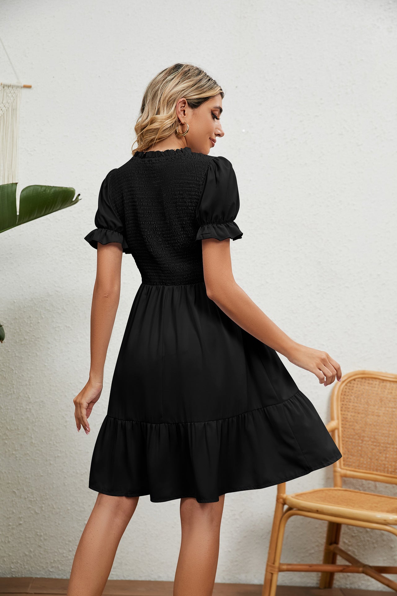 Women's Full Size Smocked Flounce Sleeve Ruffle Hem Dress