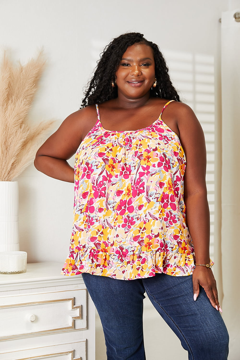 Double Take Floral Scoop Neck Ruffle Hem Cami *