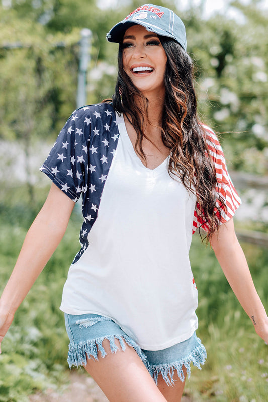 Women's Full Size US Flag Themed V-Neck Tee Shirt