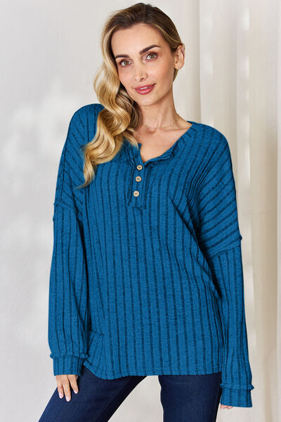 Basic Bae Full Size Ribbed Half Button Long Sleeve T-Shirt *