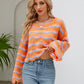Round Neck Openwork Flare Sleeve Knit Top
