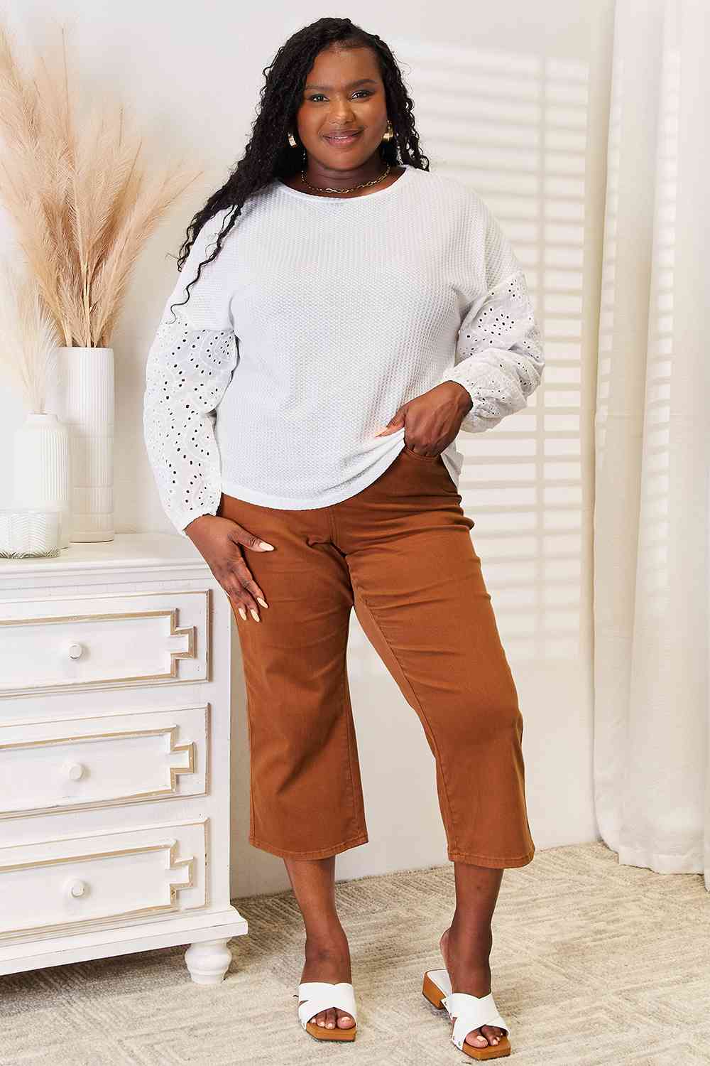 Double Take Eyelet Dropped Shoulder Round Neck Blouse *