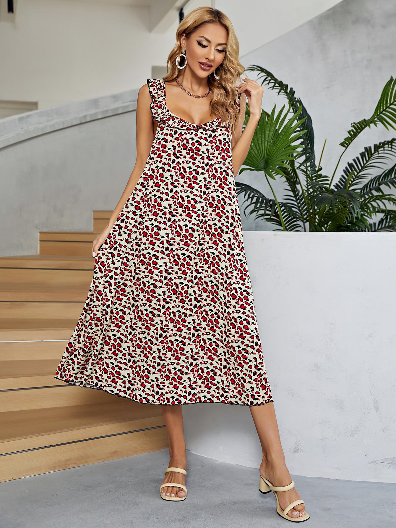 BAYSIDE Printed Ruffled Sleeveless Midi Dress