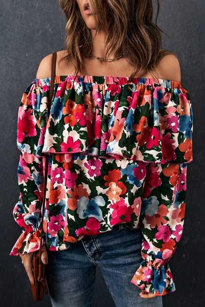 Women's Full Size Floral Off-Shoulder Flounce Sleeve Layered Blouse