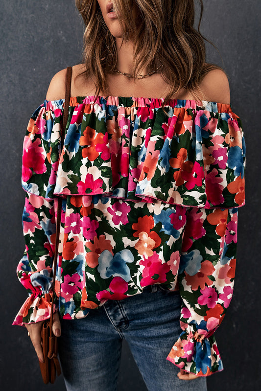 Women's Full Size Floral Off-Shoulder Flounce Sleeve Layered Blouse