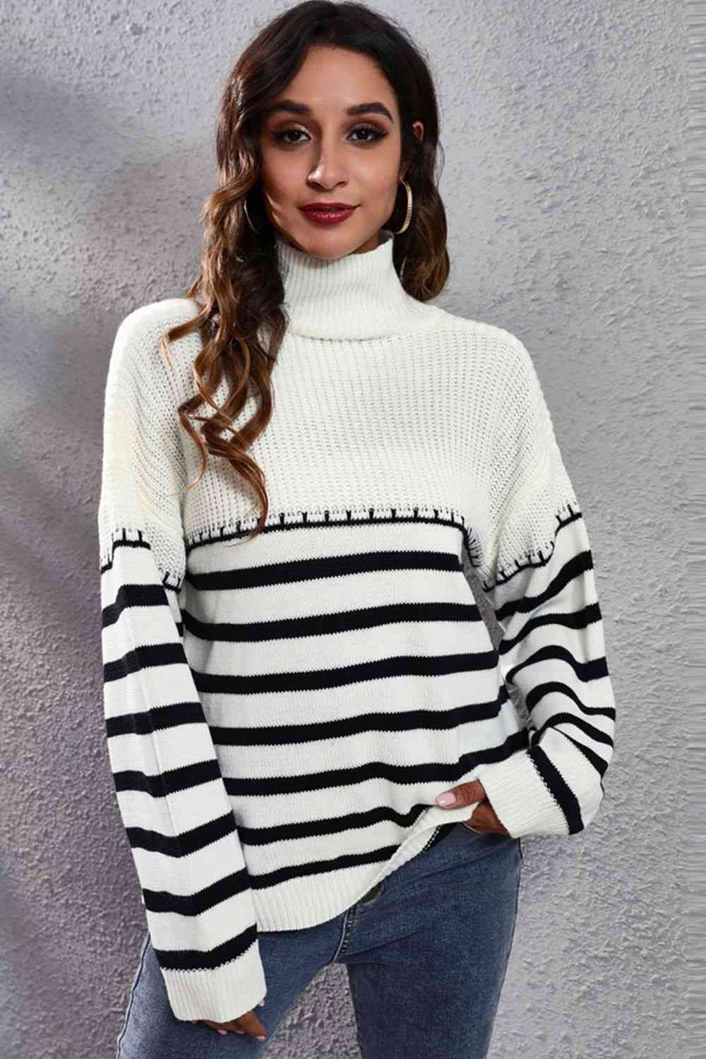 KnittedEmporium Striped Turtleneck Drop Shoulder Sweater