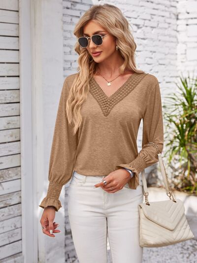 Smocked V-Neck Long Sleeve Blouse