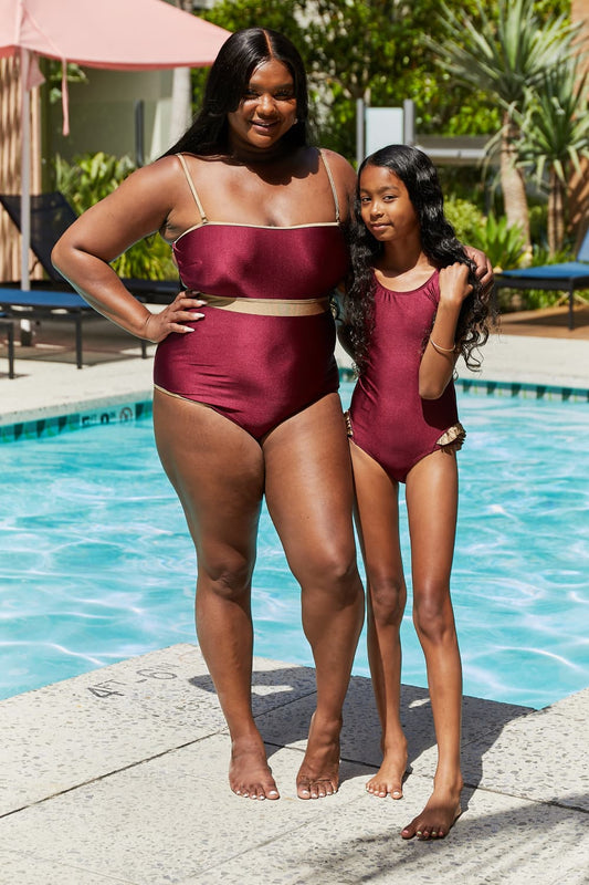 Marina West Swim Full Size Wave Break Contrast Trim One-Piece in Wine