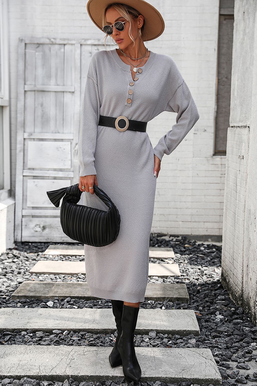 IdeationJovial Notched Neck Dropped Shoulder Button-Down Midi Dress