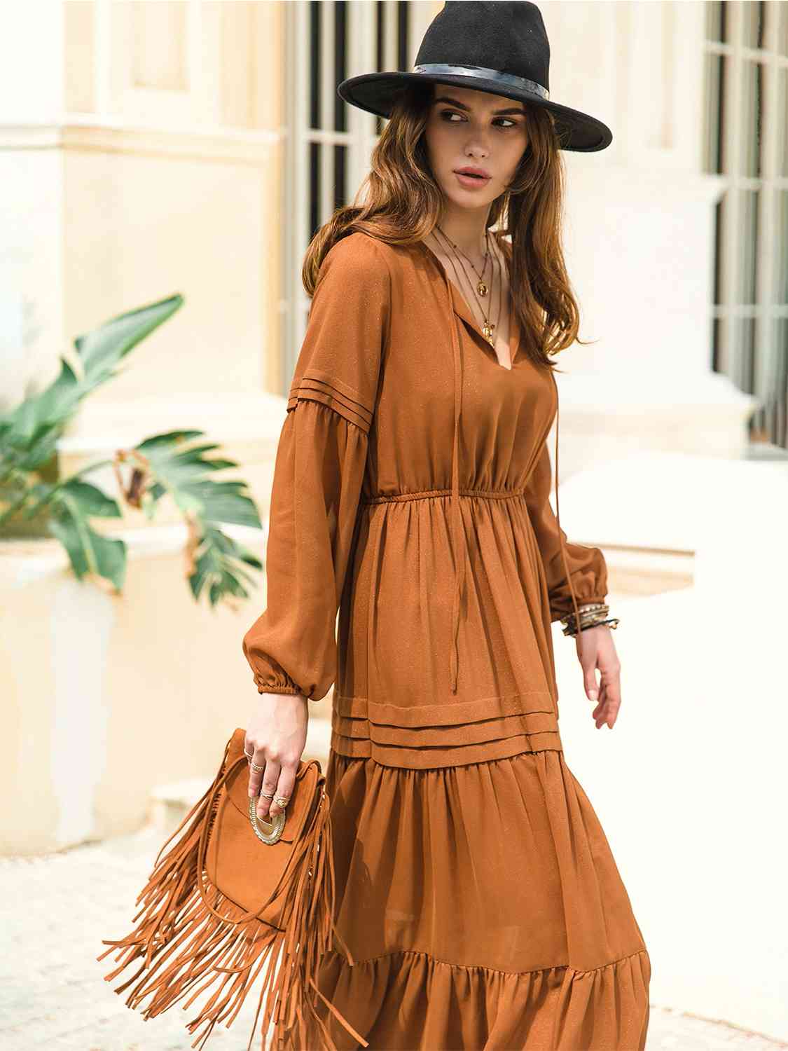 Amelia Tie Neck Long Sleeve Midi Tiered Dress