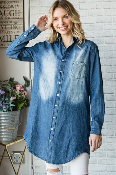 Veveret Pocketed Button Up Washed Denim Shirt *