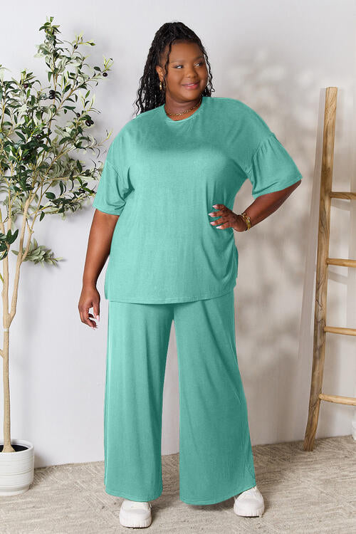 Double Take Full Size Round Neck Slit Top and Pants Set *