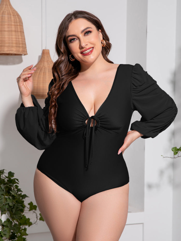 OCEANWAVES Women's Plus Size Tied Deep V Balloon Sleeve One-Piece Swimsuit