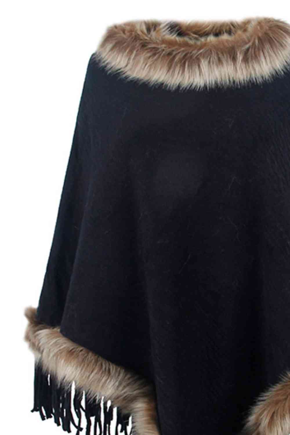 Country Rustic One Size Faux Fur Trim Fringed Poncho