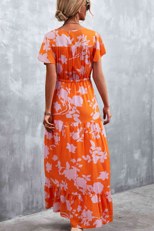 Full Size Floral Buttoned Drawstring Waist Tiered Dress