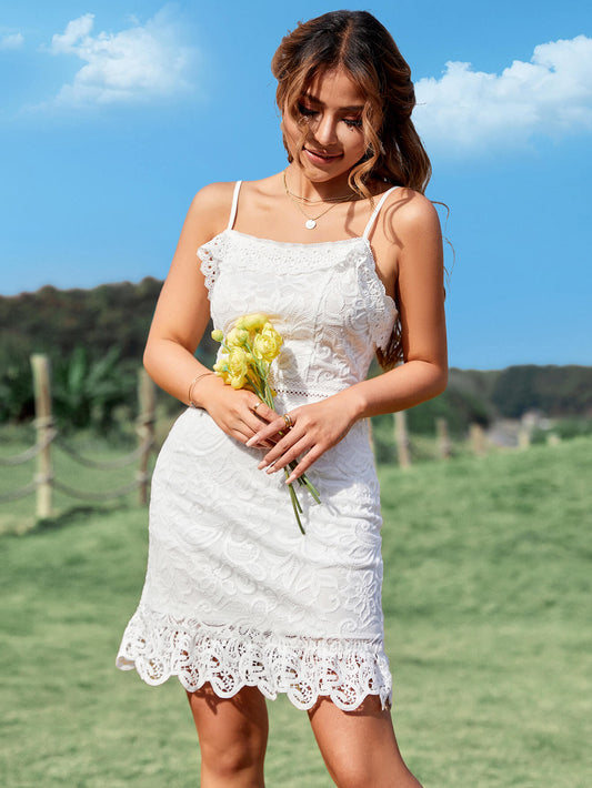 EillyBazar Lace Ruffle Hem Spaghetti Strap Dress