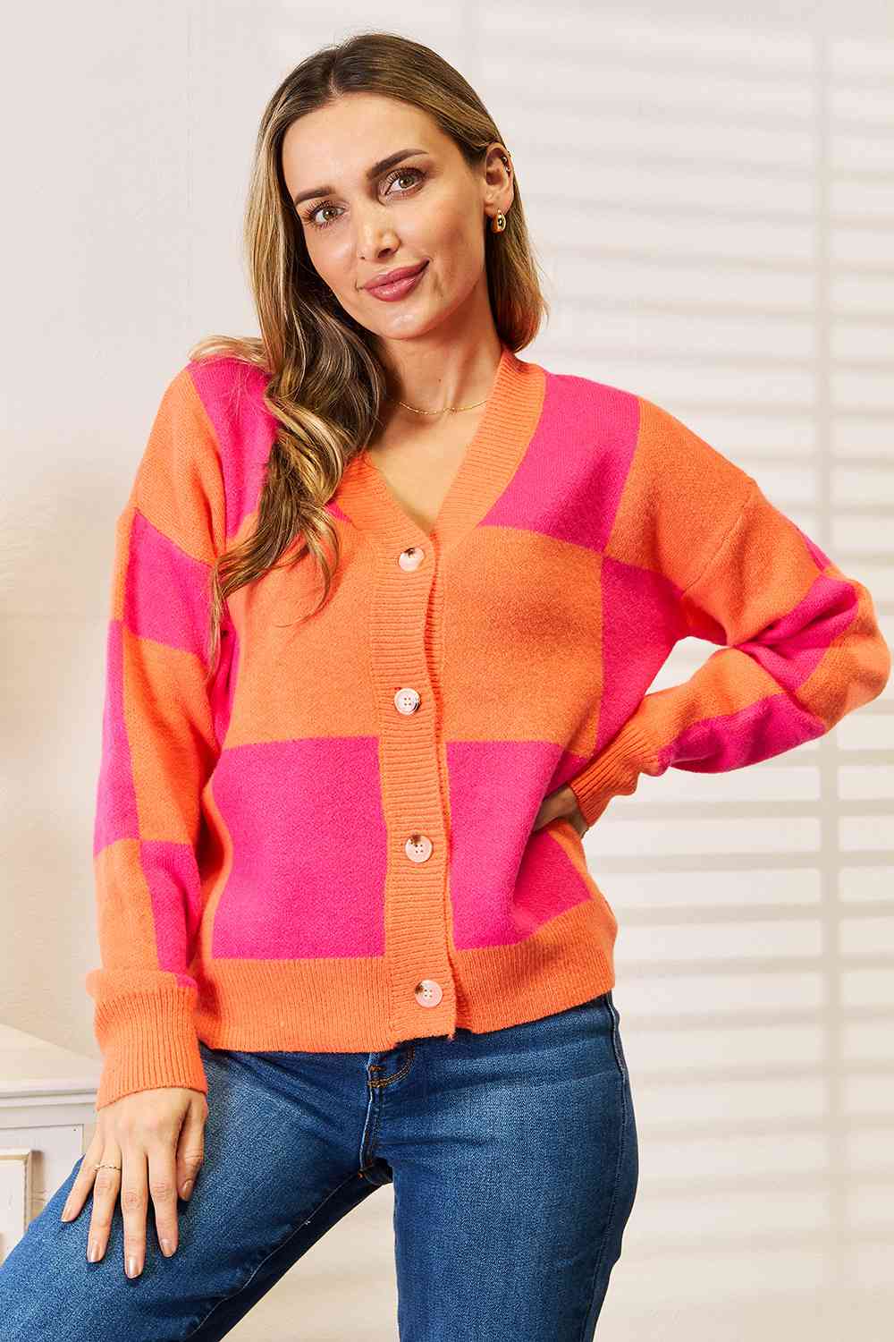 Woven Right Checkered V-Neck Dropped Shoulder Cardigan *
