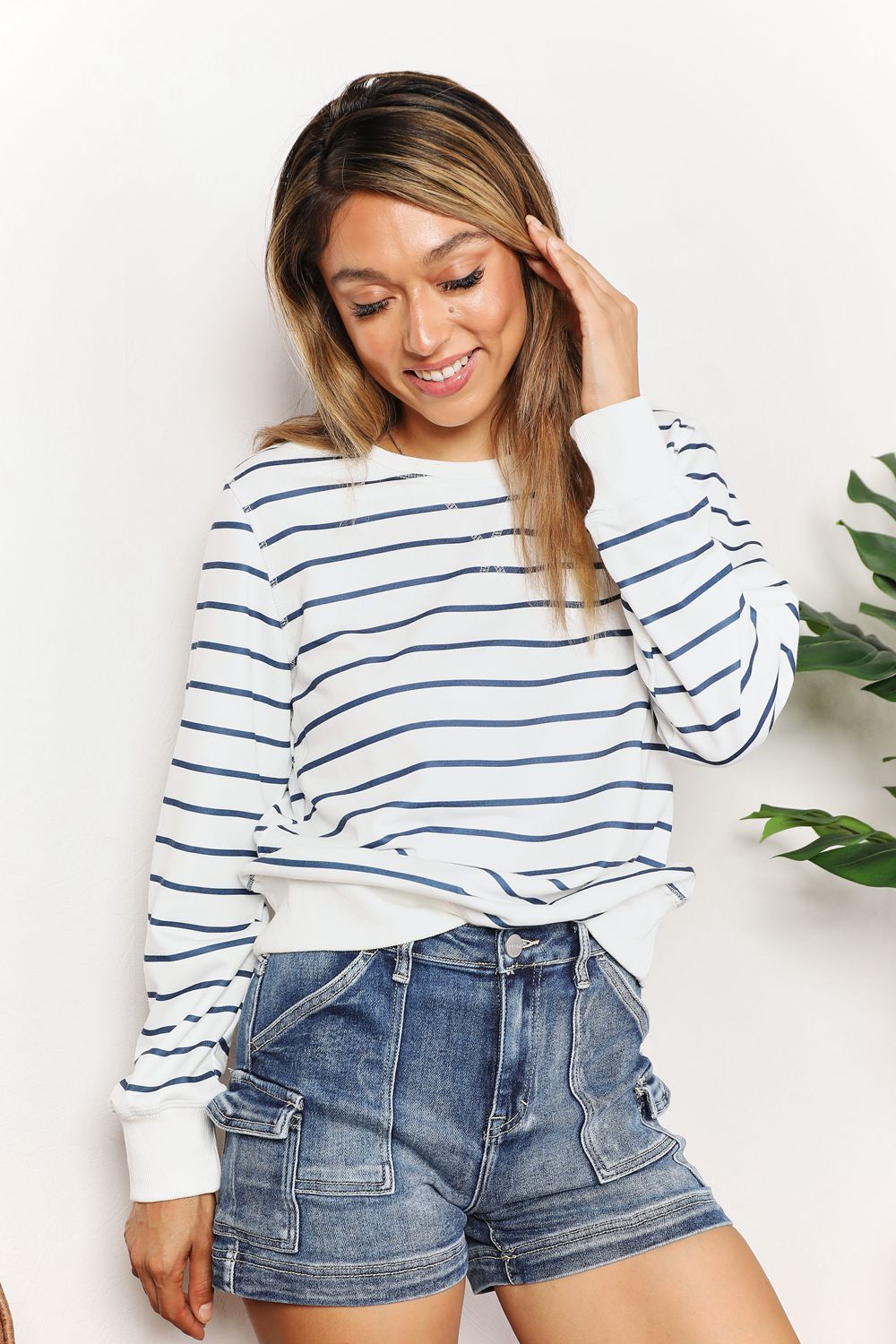 Double Take Striped Long Sleeve Round Neck Top *