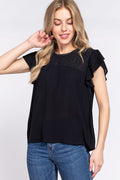 ACTIVE BASIC Ruffle Short Sleeve Crochet Blouse *