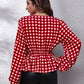 Plaid V-Neck Balloon Sleeve Peplum Blouse
