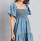 Larissa Bea Smocked Square Neck Mini Denim Dress