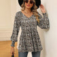 Full Size Printed V-Neck Lantern Sleeve Blouse
