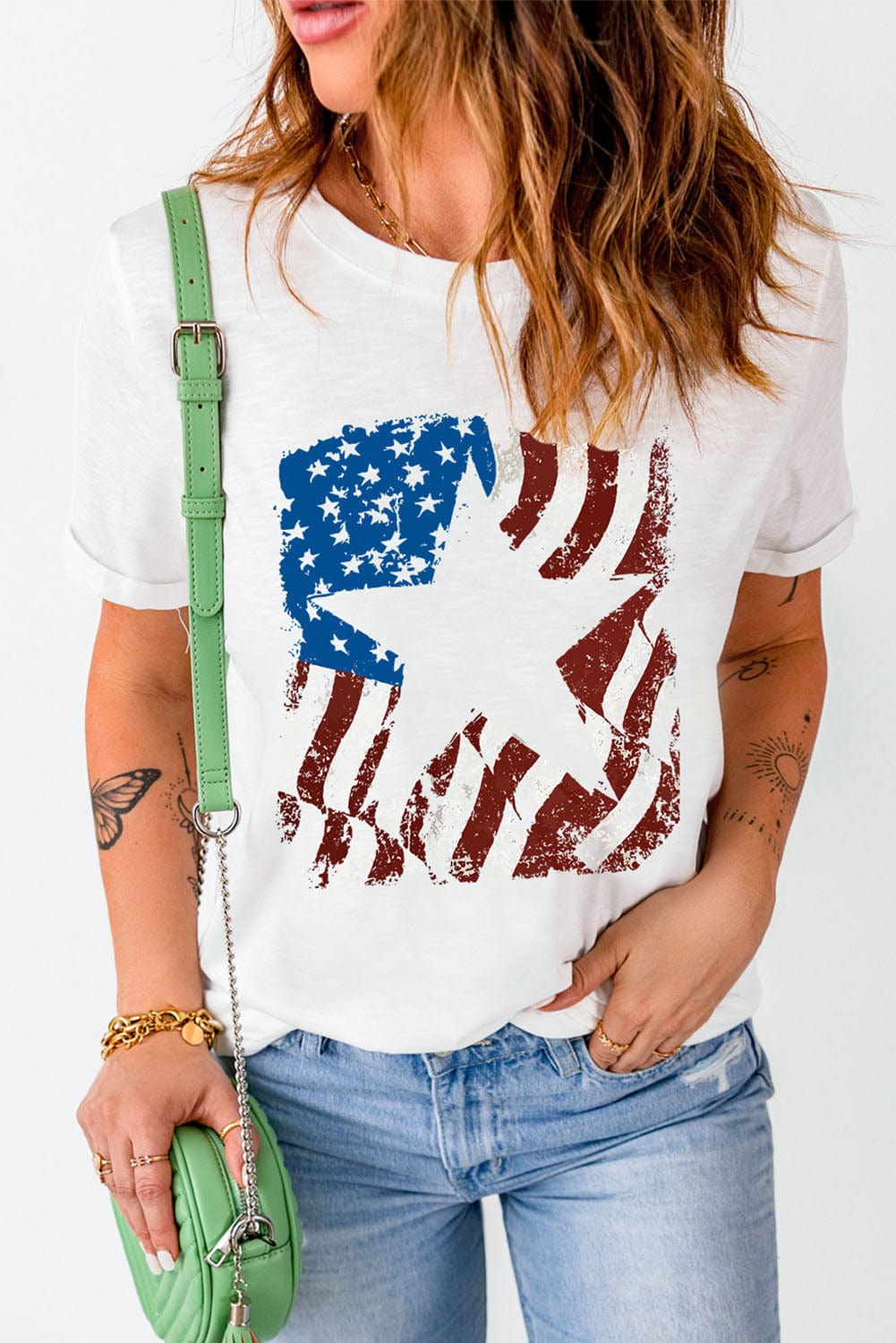 Full Size US Flag Graphic Round Neck Tee