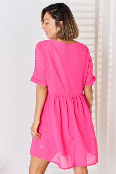 Zenana Swiss Dot Rolled Short Sleeve Babydoll Dress - Brand Zenana *